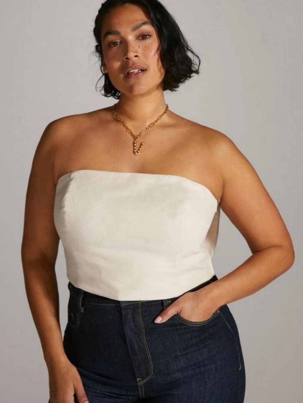 Hutch Anthropology | Beige Cropped Zipper Tube Top, Oversized Back Bow 18W